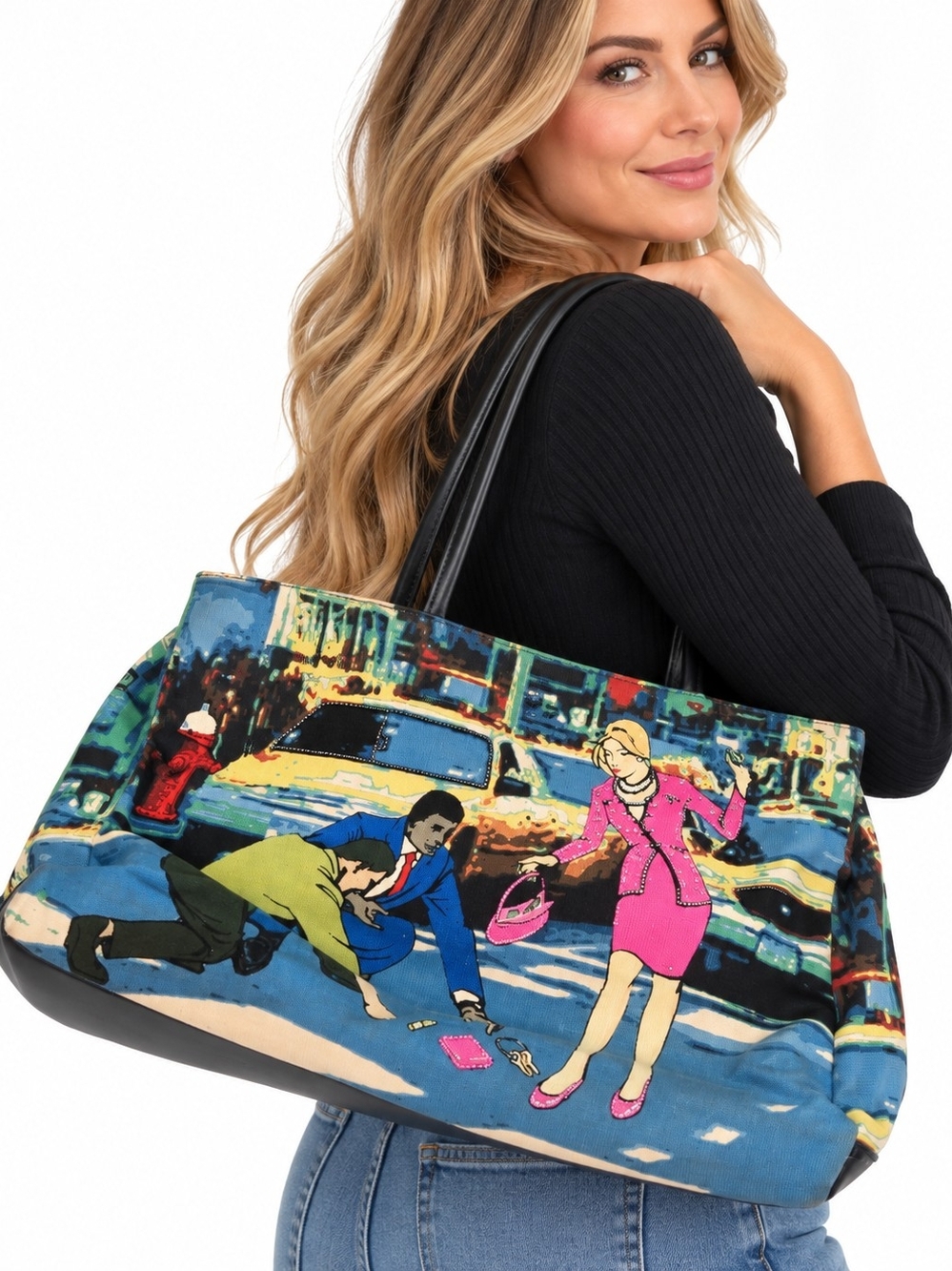 Vintage Bueno Y2K Wearable Art Tote Purse Rhinestone Beaded City Street Scene